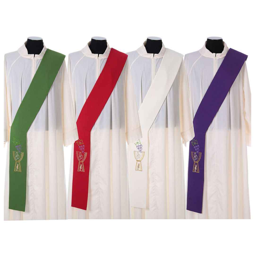 Deacon stole with chalice grapes hosts and fish design in all four colors. Made in Italy and sold by The Clergy Store