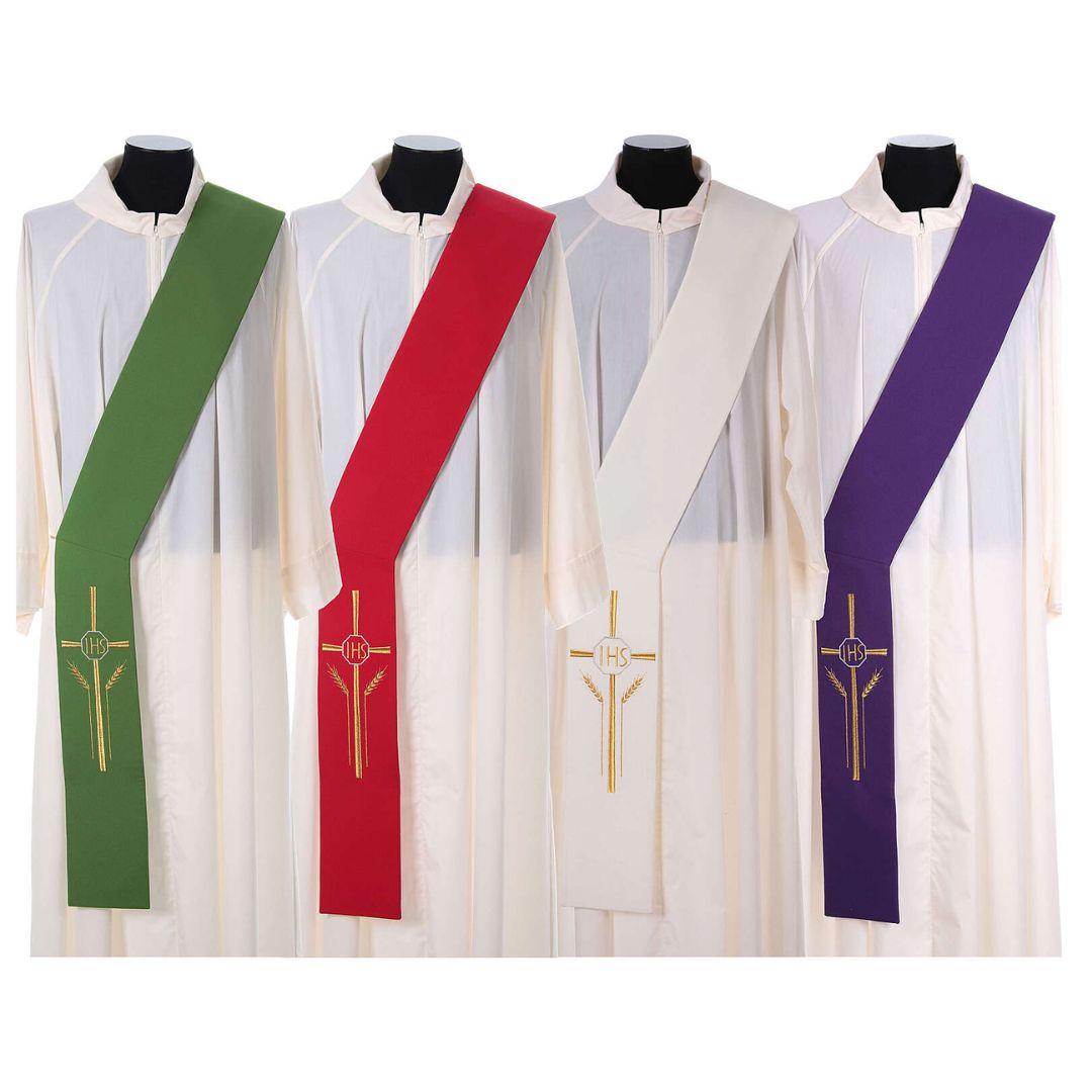 Deacon stole with cross wheat stock and IHS design on all four colors. Made in Italy and sold by The Clergy Store