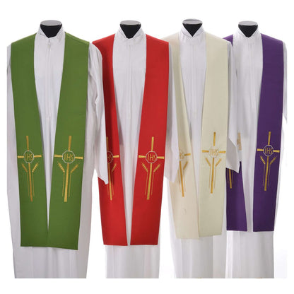 Priest stole with cross wheat stock and IHS design in all four colors. Made in Italy and sold by The Clergy Store