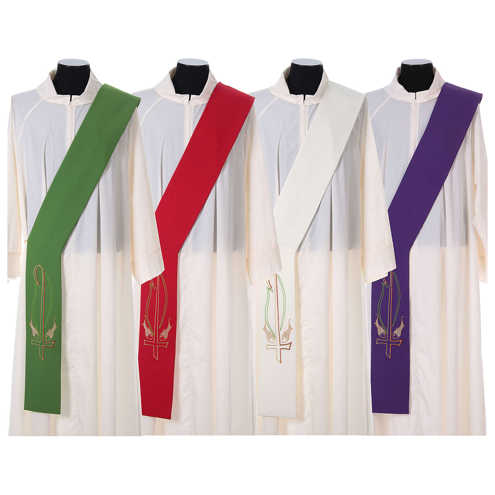 Deacon stole with cross and fish design on all four colors. Made in Italy and sold by The Clergy Store