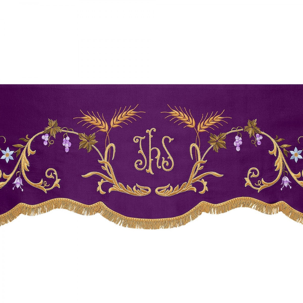 Altar Valances IHS sold by the meter. Imported from Italy. Fully lined and finished with a gold fringe