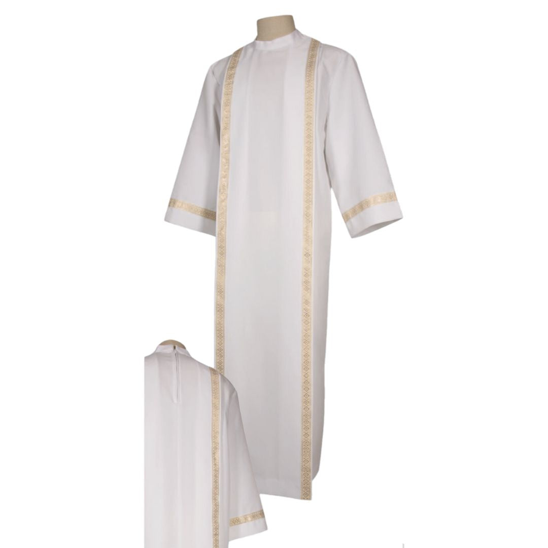 Altar boys and girls server alb with brocade trim. Zipper closure at the back. Made in Italy and sold by The Clergy Store