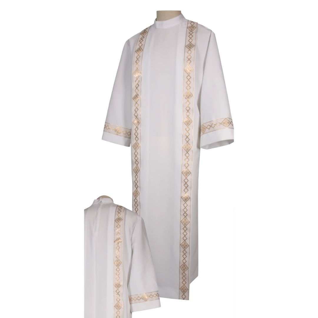 Altar boys and girls server alb with brocade trim. Zipper closure at the back. Made in Italy and sold by The Clergy Store