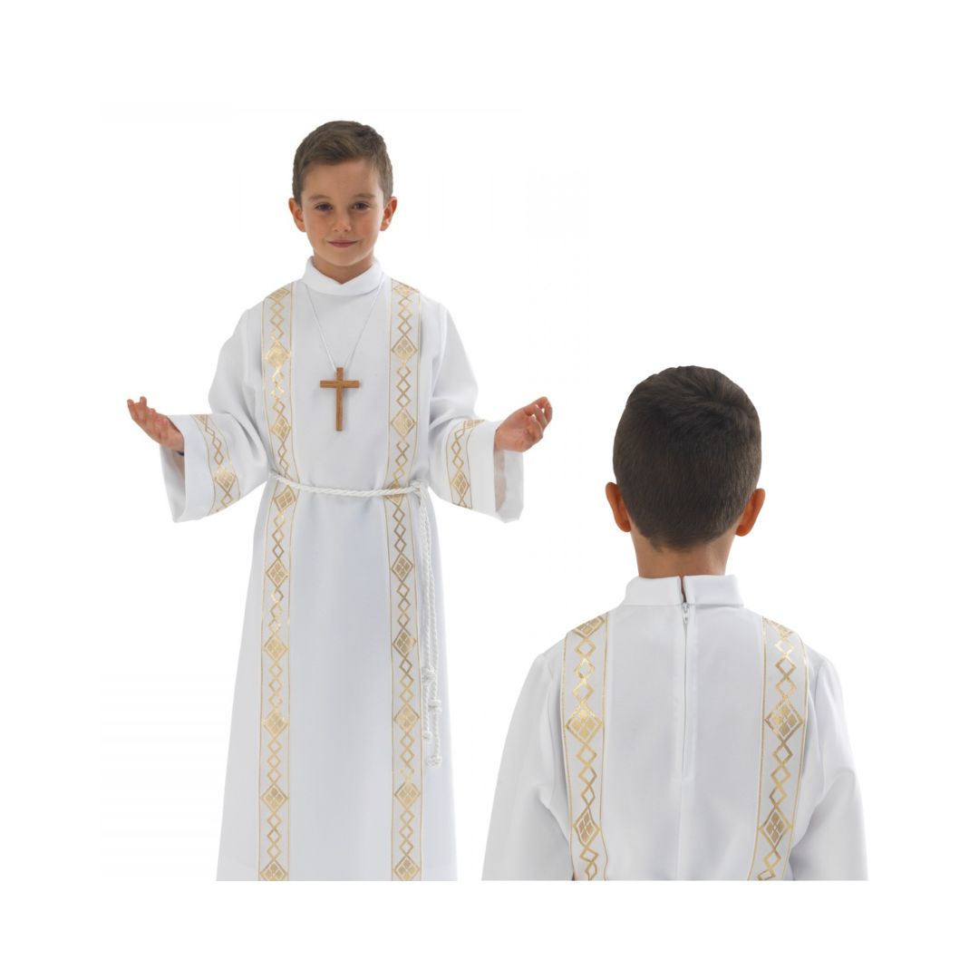 Altar boys and girls server alb with brocade trim. Zipper closure at the back. Made in Italy and sold by The Clergy Store