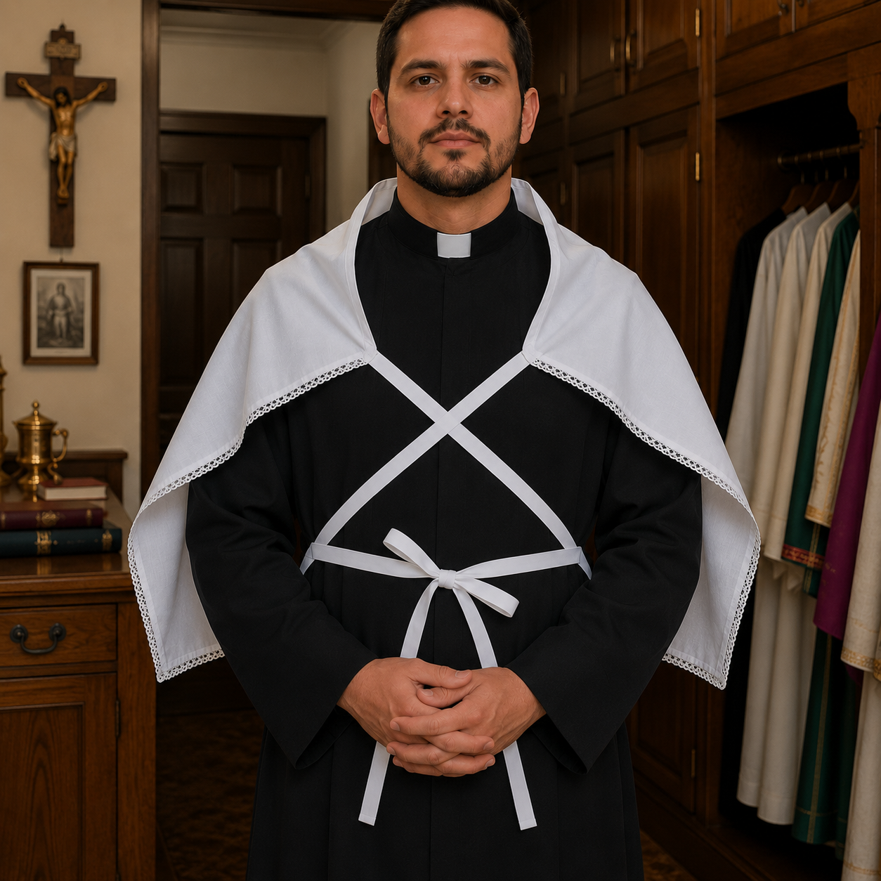 Rectangular Italian cotton amice with attached cloth ties for securing beneath an alb.