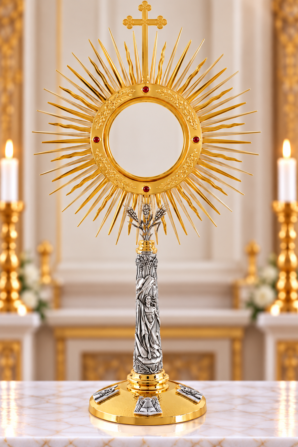 Monstrance with Large host and red stones and Four Evangelist relief 