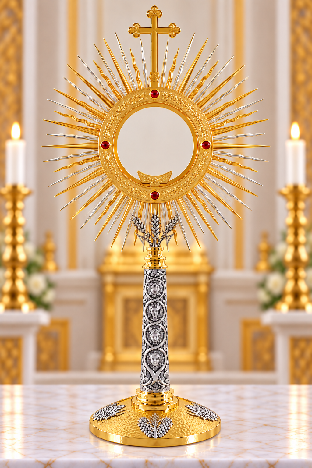 Monstrance with Large host and red stones and Four Evangelist relief 