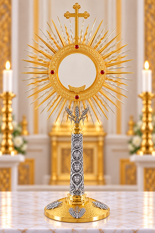 Monstrance with Large host and red stones and Four Evangelist relief 
