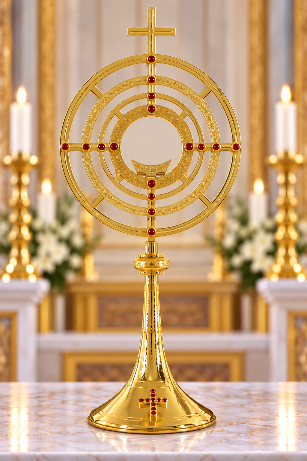 Monstrance with engraved ray with red stones
