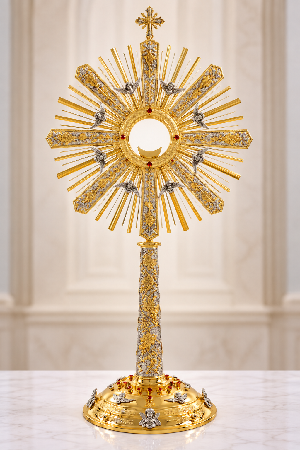 Monstrance with engraved grapes and vines two tone finish with angels