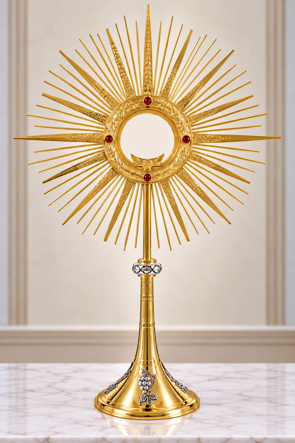 Monstrance with Round base and Grapes and Wheat application.