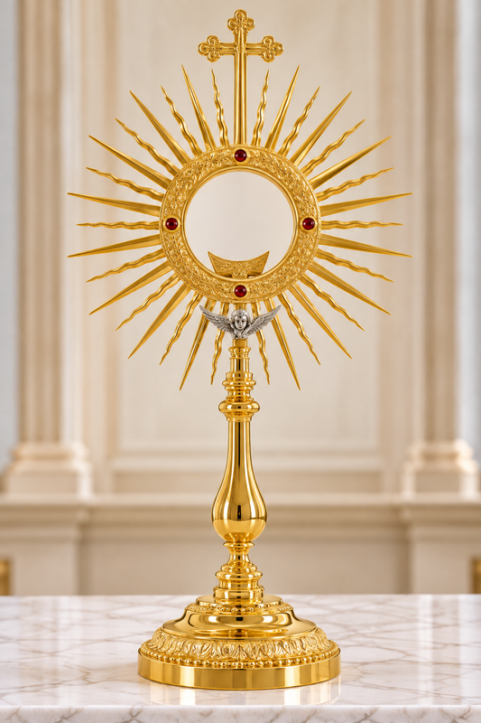 Monstrance with angel and stones brass gold plated and sunburst