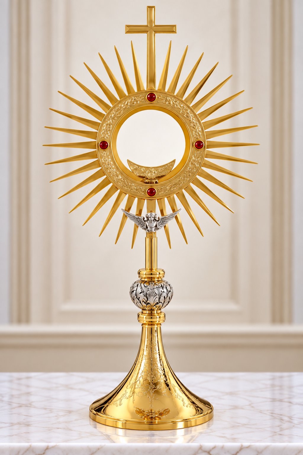 Monstrance with angel and stones brass gold plated
