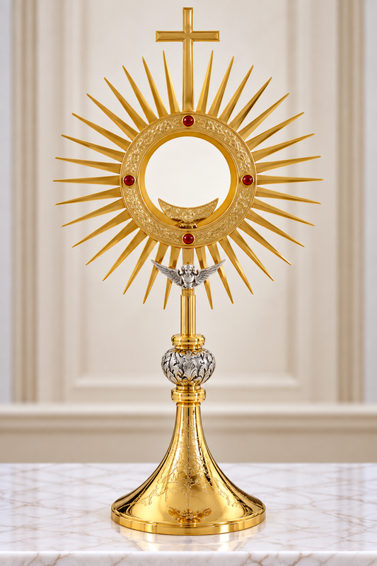 Monstrance with angel and stones brass gold plated