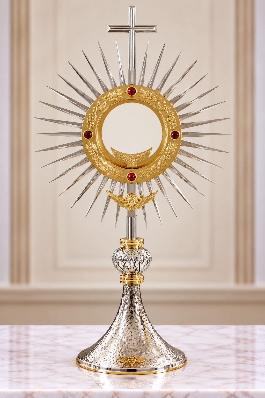 Monstrance with angel and stones brass silver plated