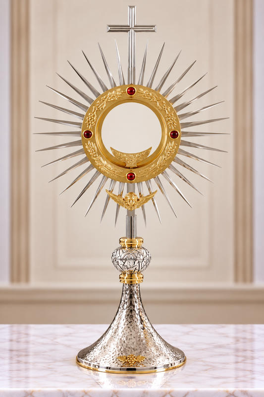 Monstrance with angel and stones brass silver plated