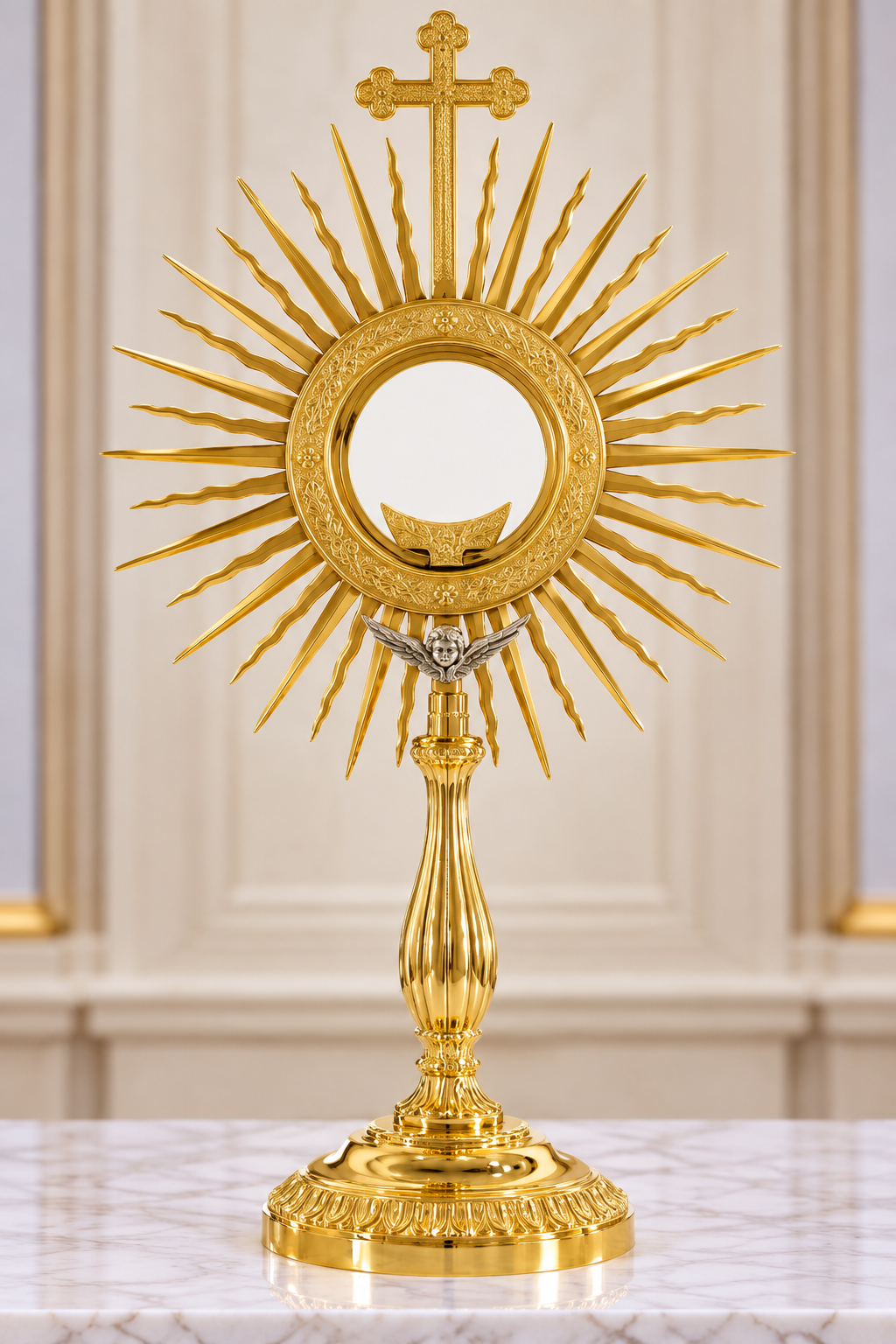 Monstrance with angel brass gold plated and sunburst