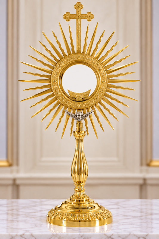 Monstrance with angel brass gold plated and sunburst