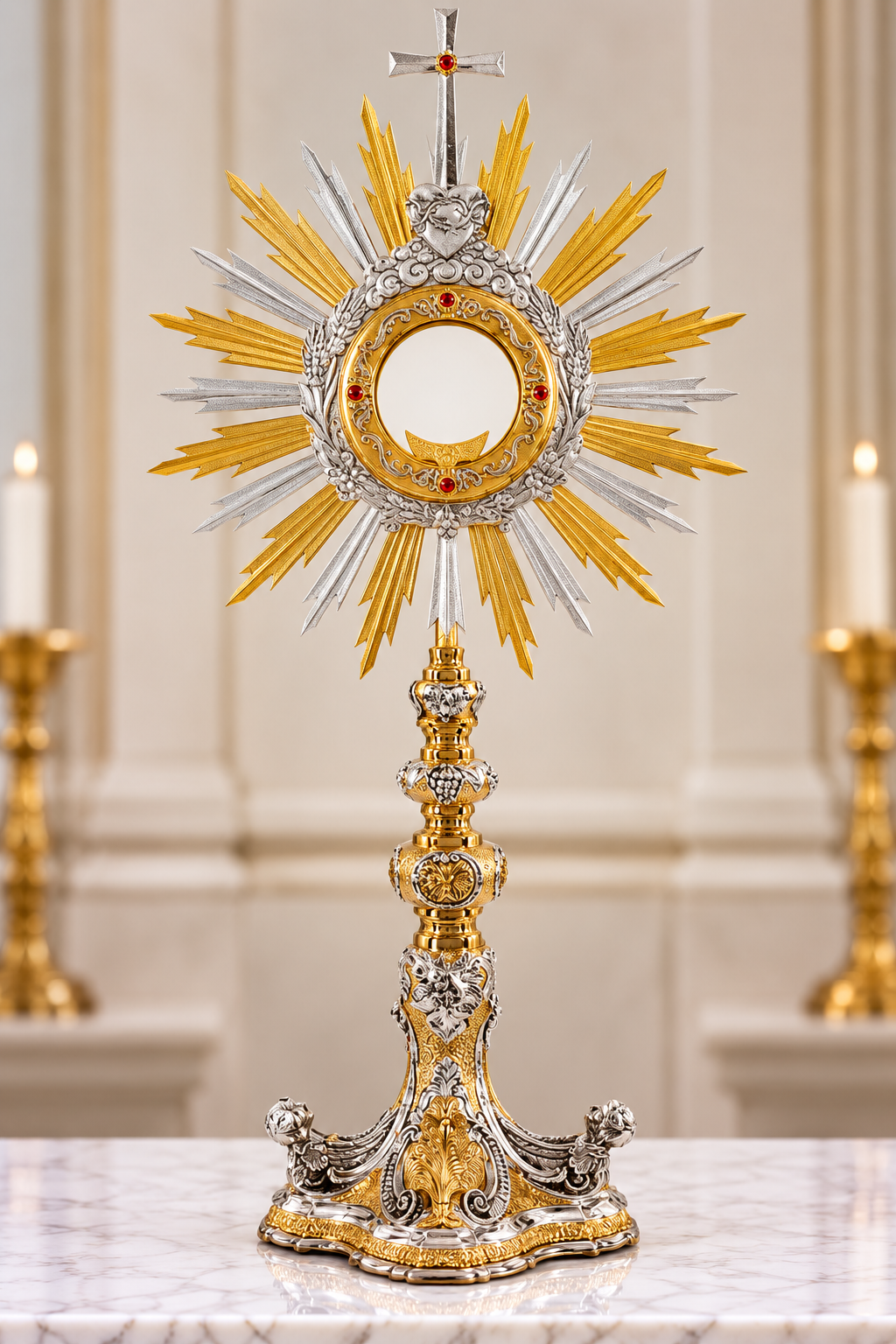 Baroque monstrance with the Sacred Heart and engraving of wheat and grapes