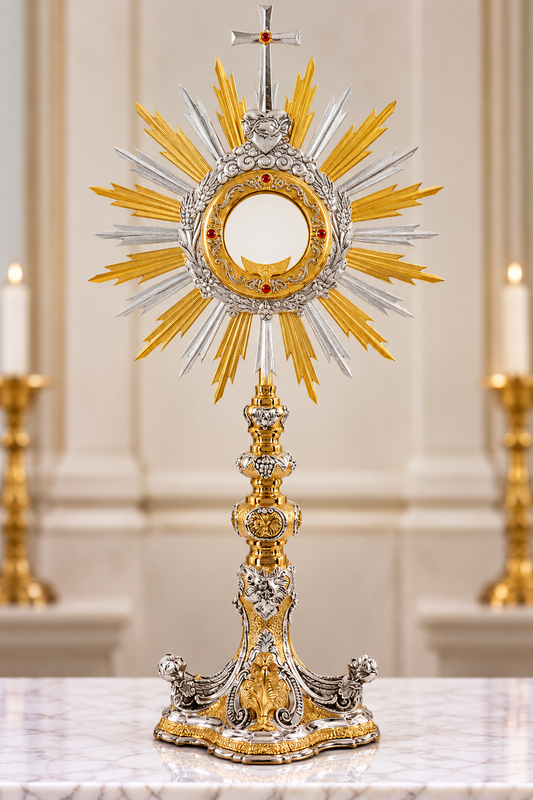 Baroque monstrance with the Sacred Heart and engraving of wheat and grapes
