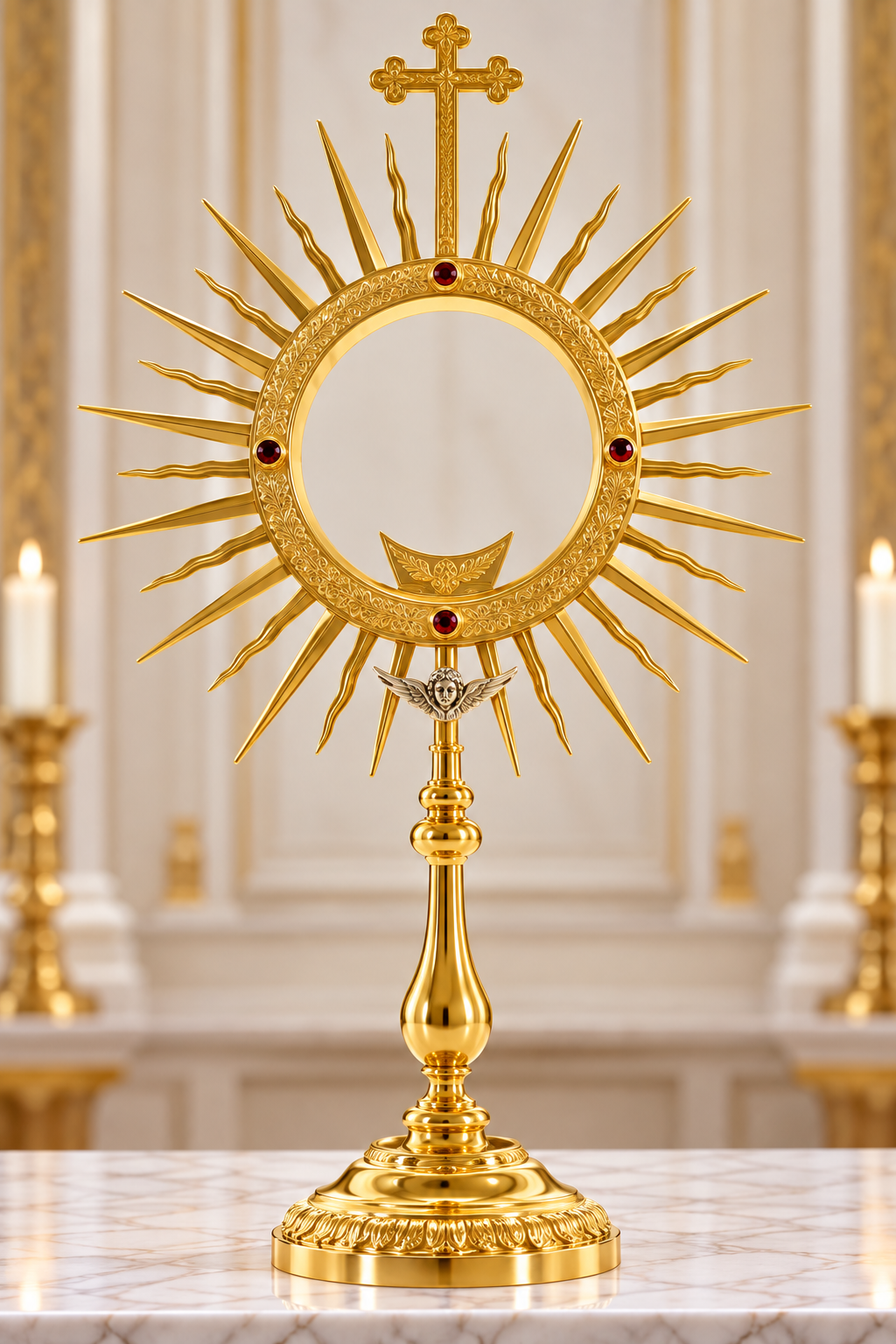 Monstrance with Large host, Angel and Stones Gold Plated