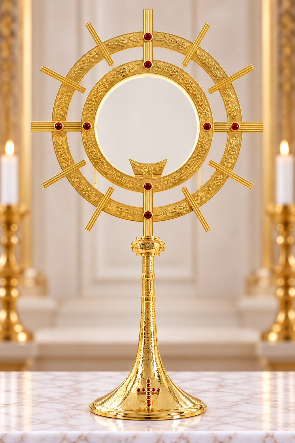 Contemporary monstrance with red stones and large host