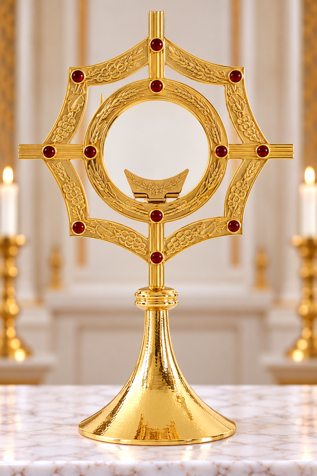 Small contemporary monstrance with red stones and engraved starburst