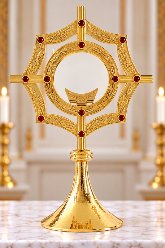 Small contemporary monstrance with red stones and engraved starburst