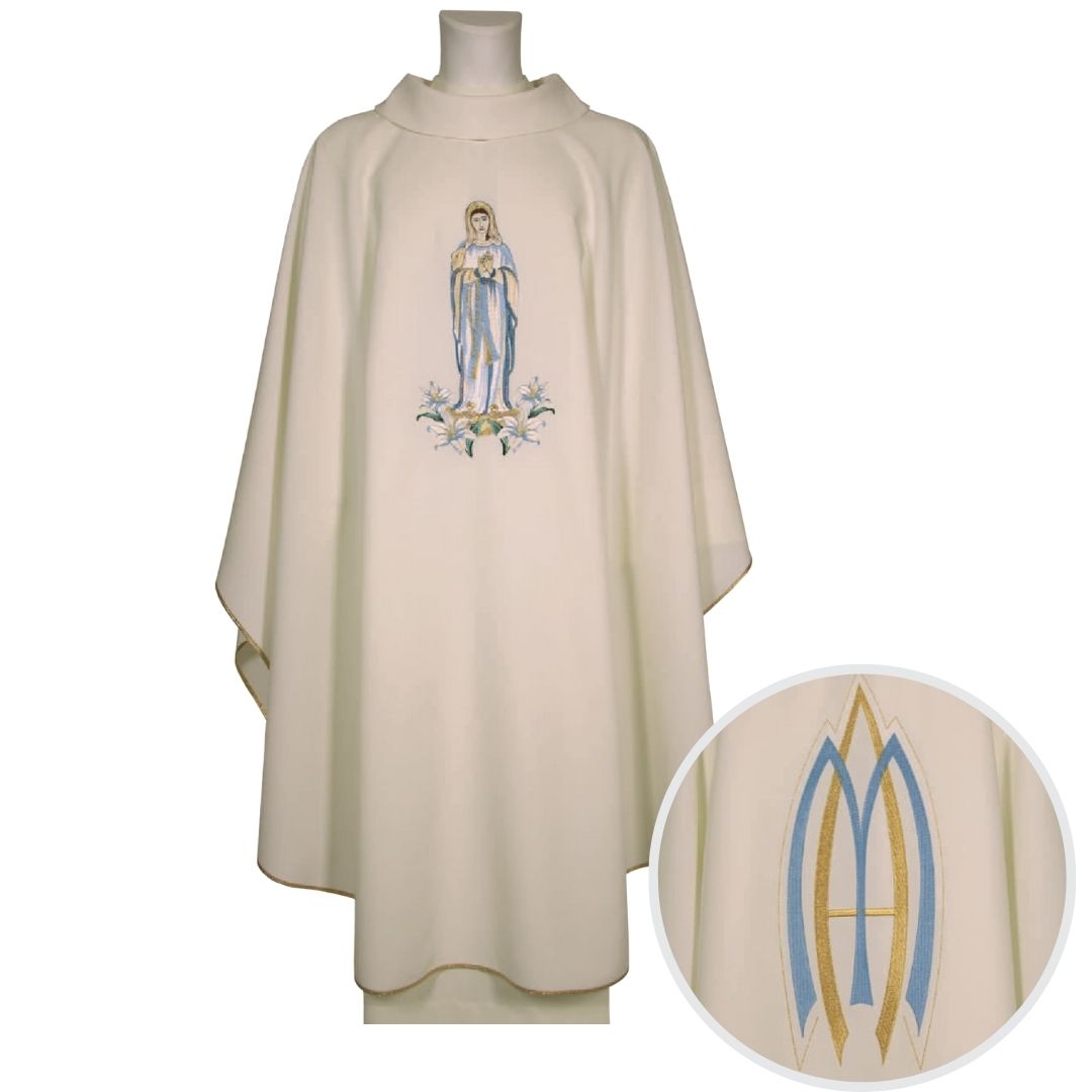 Chasuble Ava Maria white Made in Italy and sold by The Clergy Store