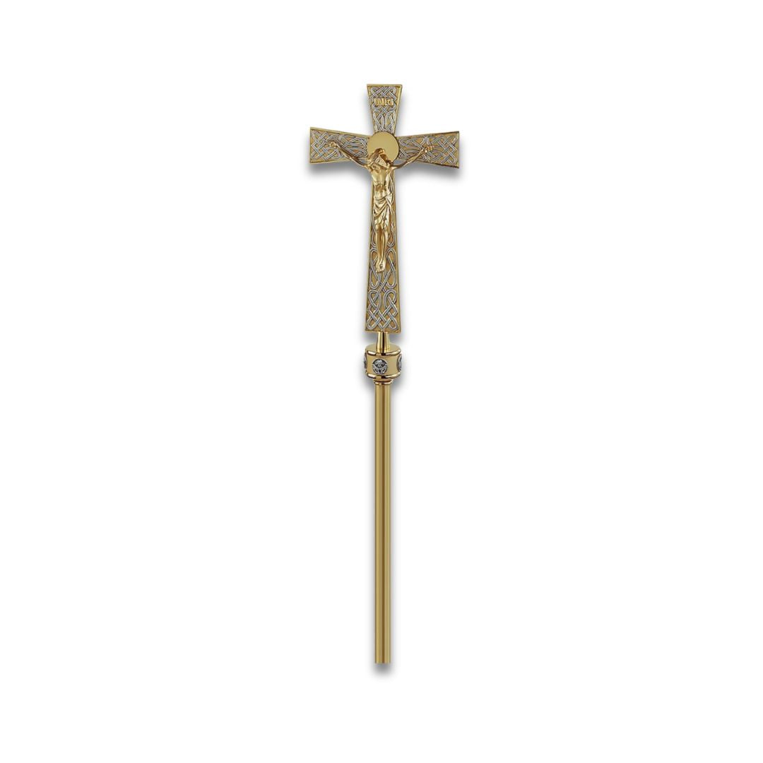 Processional Cross with pole traditional style two tone finish. Made in Italy and sold by The Clergy Store