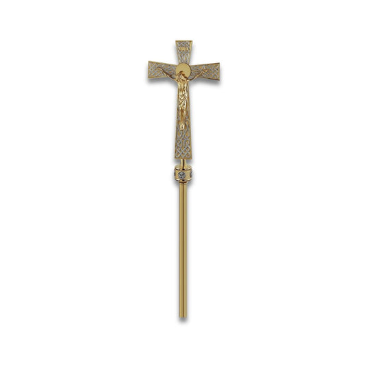 Processional Cross with pole traditional style two tone finish. Made in Italy and sold by The Clergy Store