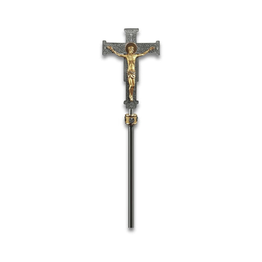 Processional Cross with pole traditional style two tone finish. Made in Italy and sold by The Clergy Store