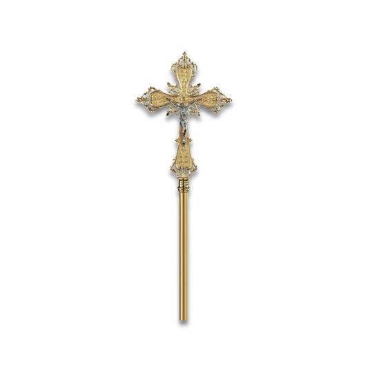 Processional Cross with pole baroque style two tone finish. Made in Italy and sold by The Clergy Store