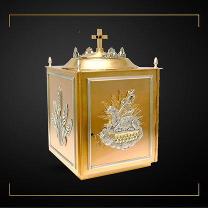 Gold plated Tabernacle with symbols of wheat stalk and Lamb of God. Made in Italy and Sold by The Clergy Store.