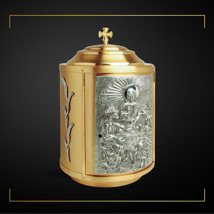 Round Tabernacle with image of the Last Supper. Made in Italy and Sold by The Clergy Store.