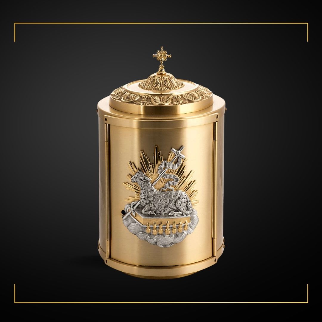 Round Tabernacle with symbol of Lamb of God and Holy Book. Made in Italy and Sold by The Clergy Store.