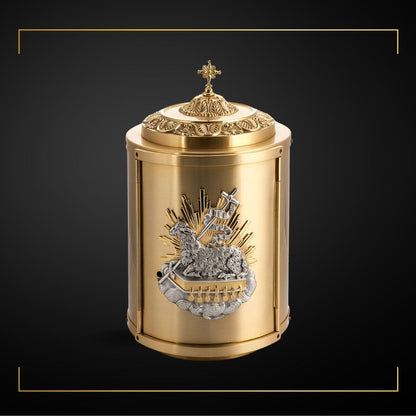 Round Tabernacle with symbol of Lamb of God and Holy Book. Made in Italy and Sold by The Clergy Store.