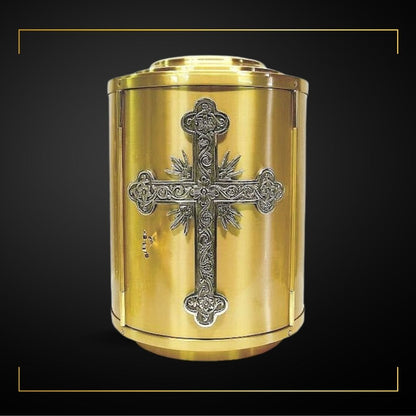 Round Tabernacle with Pictoral Cross. Made in Italy and Sold by The Clergy Store