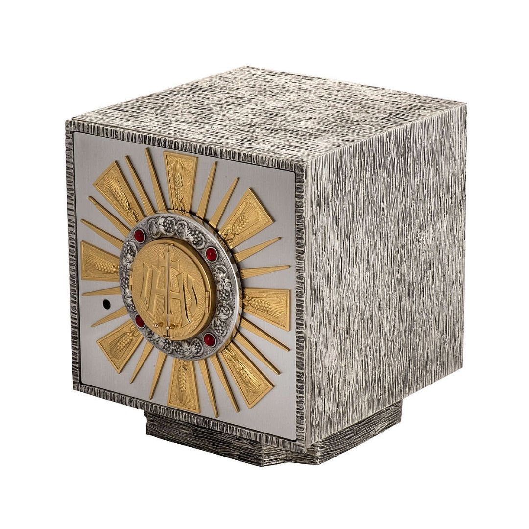 Bronze tabernacle with IHS in a silver two tone finish and red stones and adoration window. Made in Italy and sold by The Clergy Store