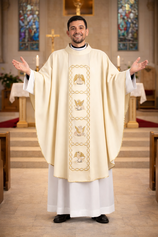 Wool chasuble ivory with embroidery of the four evangelist. Celebrate Christmas or Easter. Made in Italy