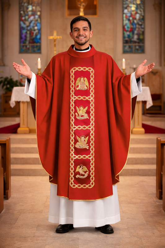 Wool chasuble red with embroidery of the four evangelist. Celebrate Christmas or Easter. Made in Italy