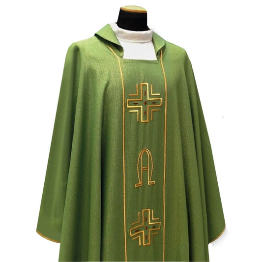 Priest chasuble green with embroidered cross and alpha omega  style 634 by Solivari, Italy and sold by The Clergy Store