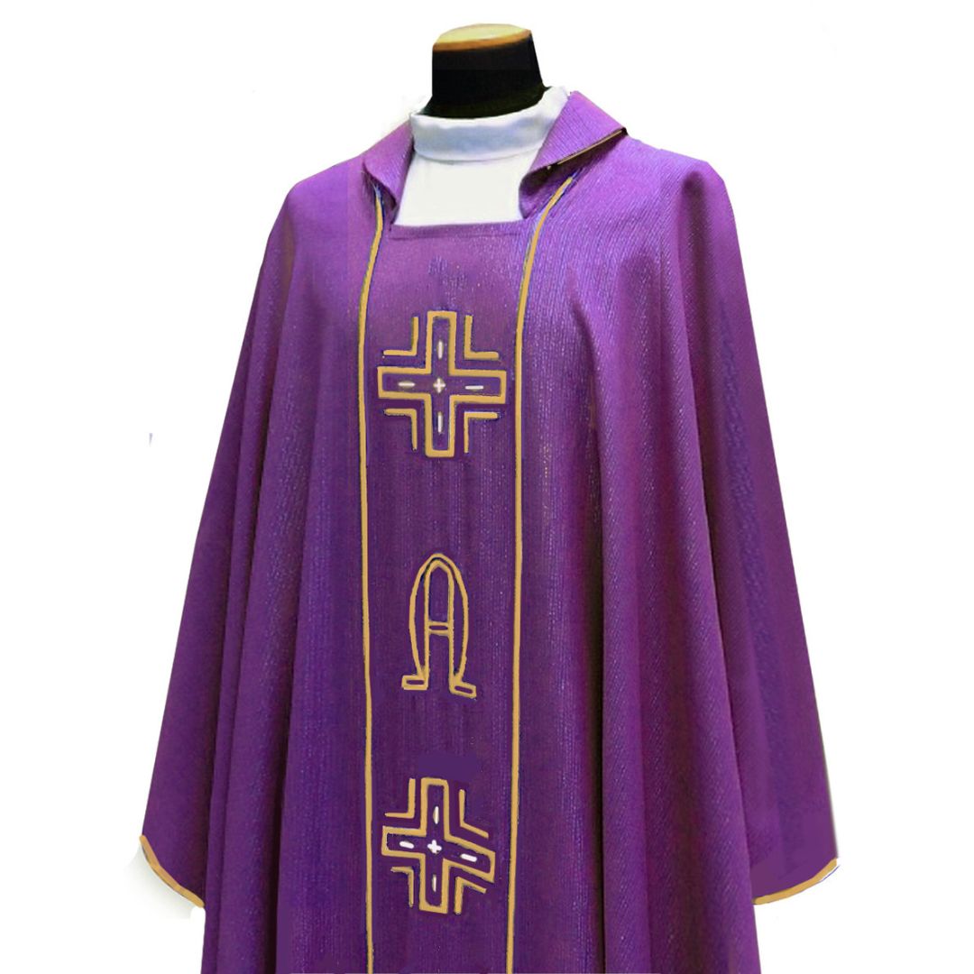 Priest chasuble purple with embroidered cross and alpha omega  style 634 by Solivari, Italy and sold by The Clergy Store