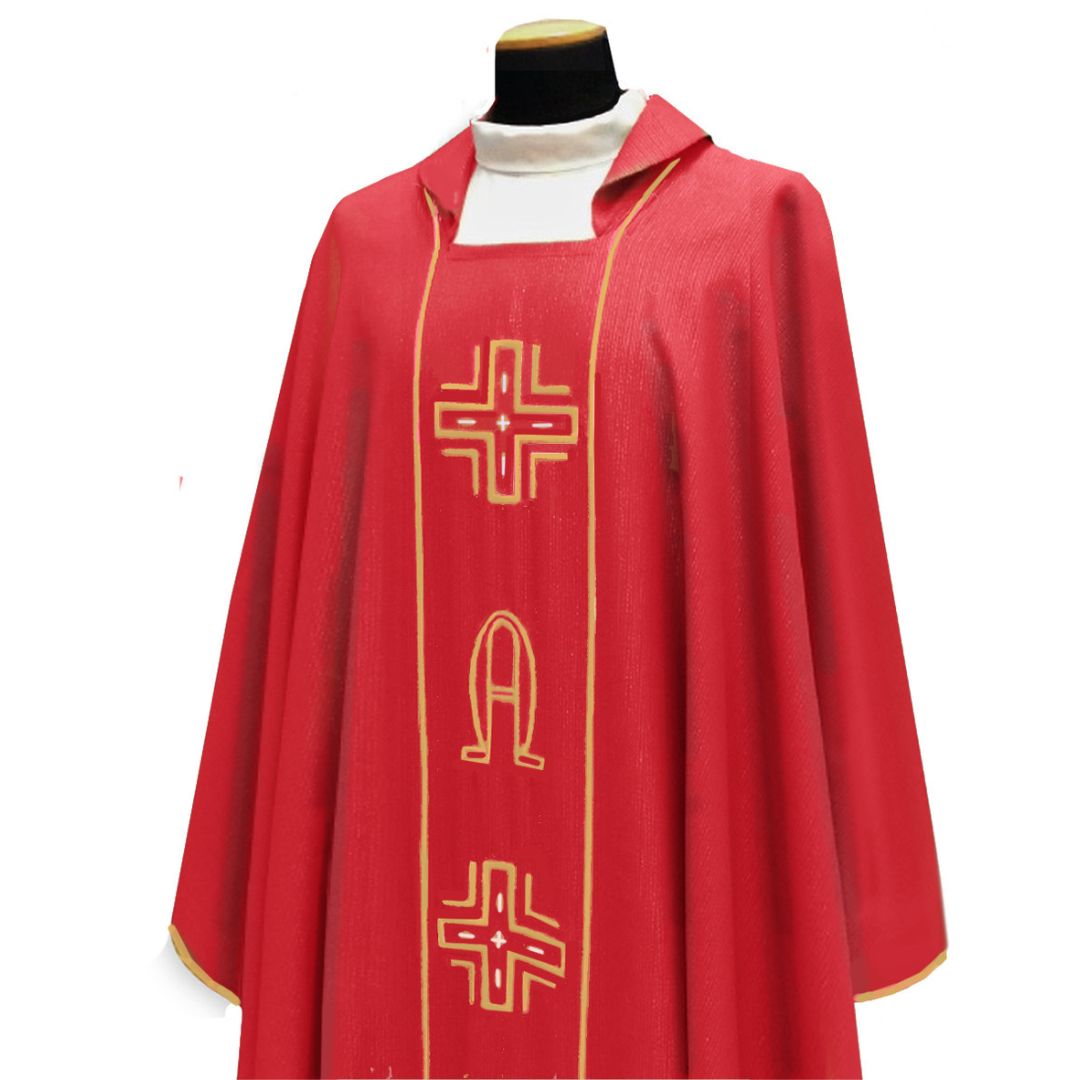 Priest chasuble red with embroidered cross and alpha omega  style 634 by Solivari, Italy and sold by The Clergy Store