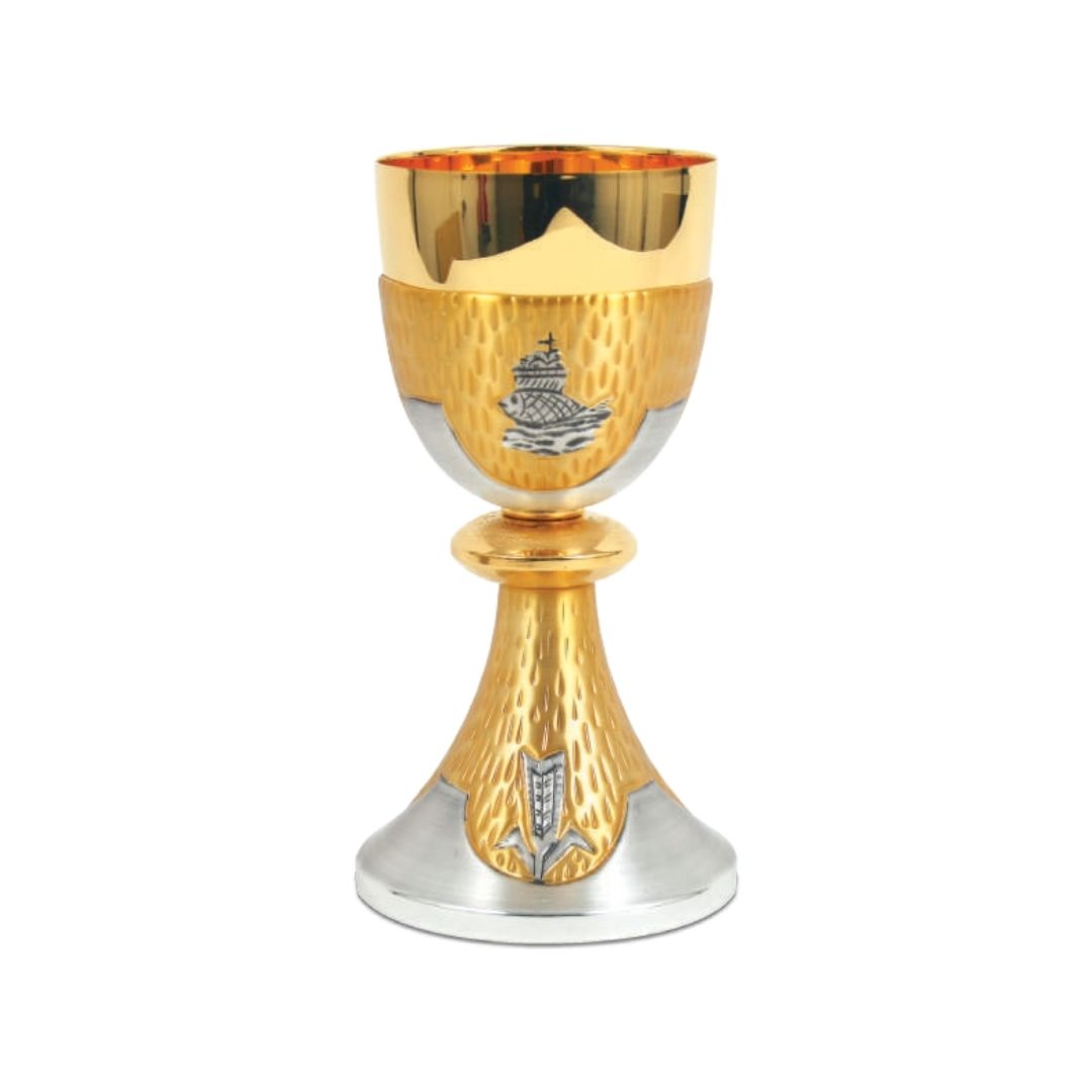 Chalice with chiseled  Fish and Wheat motif in a Bi-Color finish