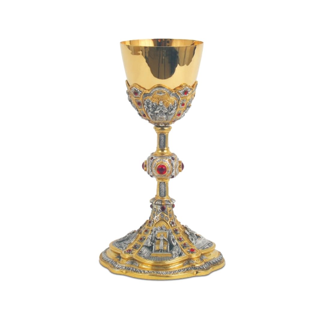 Chalice bi-color gold plated with biblical motives and stones.