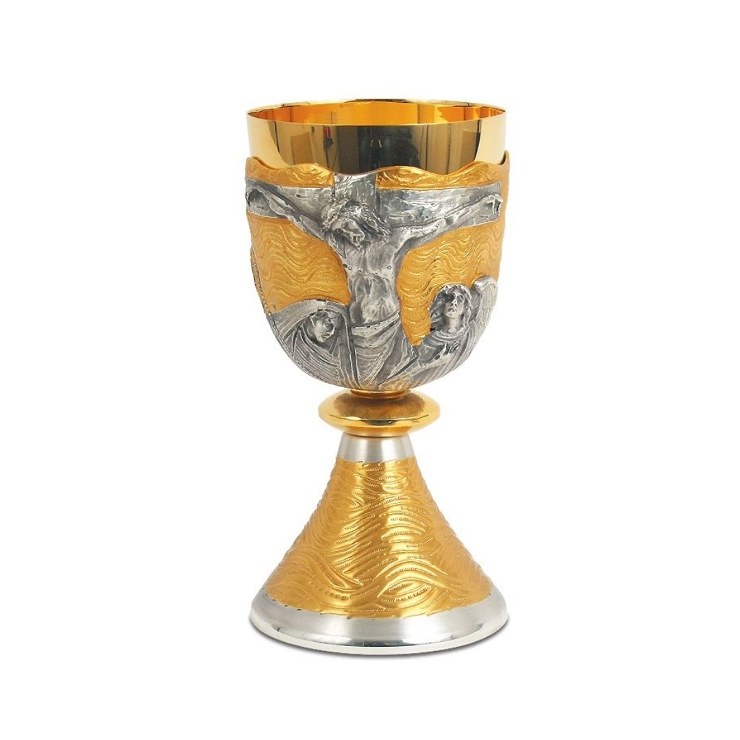 Chalice with chiseled  Crucifixion motif in a Bi-Color finish
