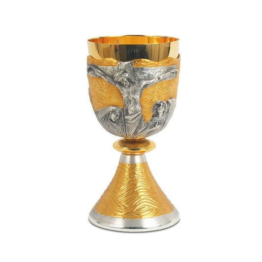 Chalice with chiseled  Crucifixion motif in a Bi-Color finish
