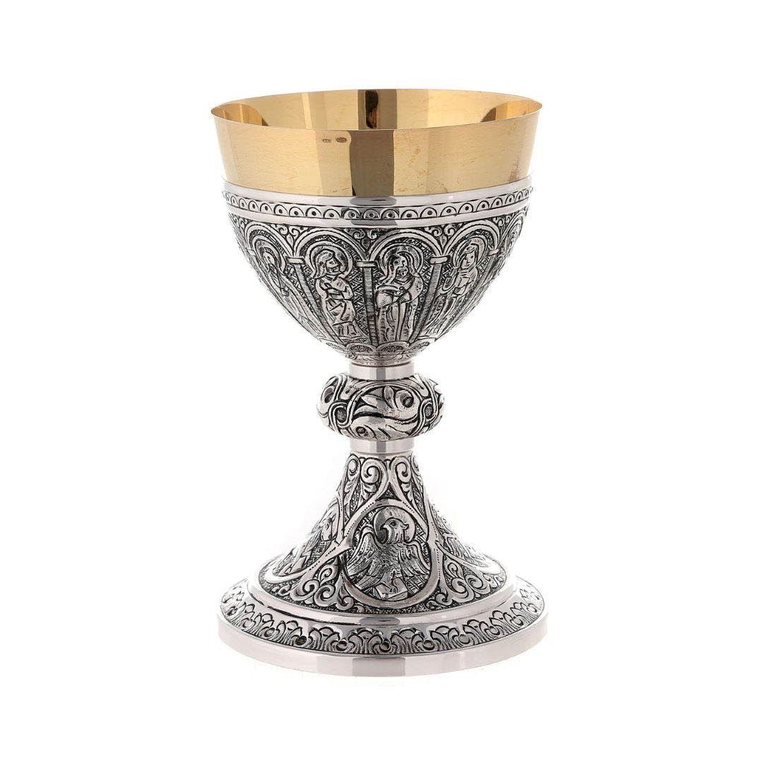 Chalice set two tone finish with images of the 12 apostles. Made in Italy and sold by The Clergy Store