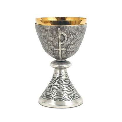 Chalice with chiseled  Crucifixion and Chi Rho motif in a Bi-Color or Silver finish